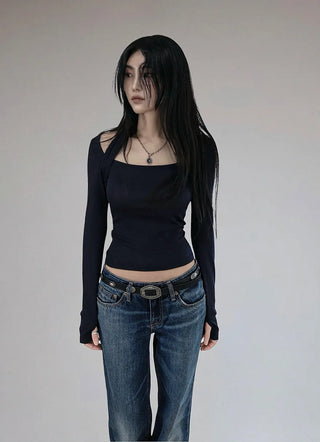 TENCEL SOFT HALTER STRAP SQUARE NECK LONG-SLEEVED TOP