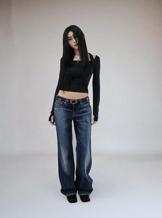 LASER LOW SLIM WIDE BLUE DARK DENIM PANTS