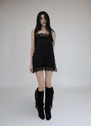 COLD SATIN LACE LAYERED MINI DRESS