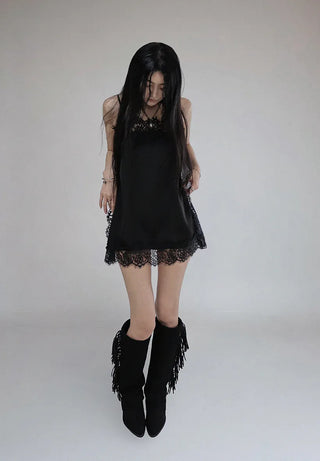 COLD SATIN LACE LAYERED MINI DRESS