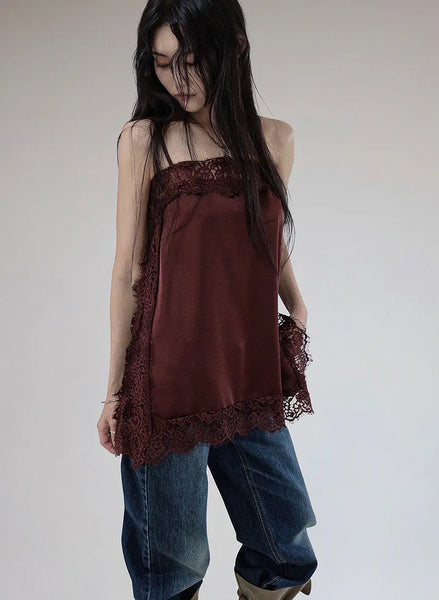 COLD SATIN LACE LAYERED MINI DRESS