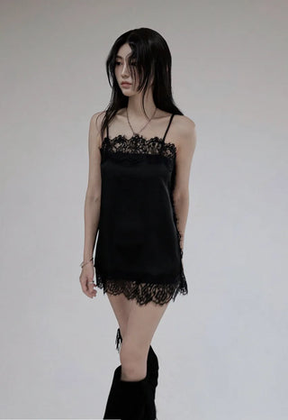 COLD SATIN LACE LAYERED MINI DRESS