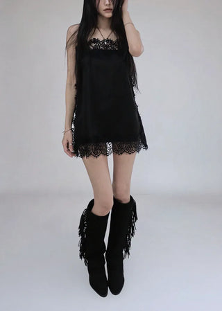 COLD SATIN LACE LAYERED MINI DRESS