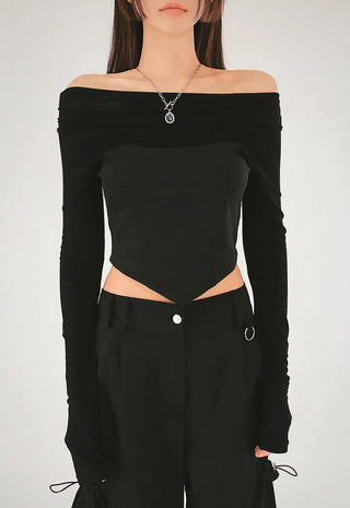 Corset cut shirring two-way off-shoulder crop top