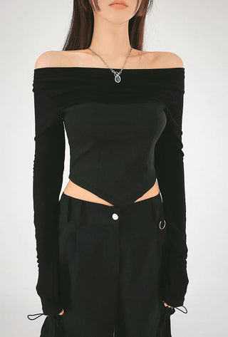 Corset cut shirring two-way off-shoulder crop top