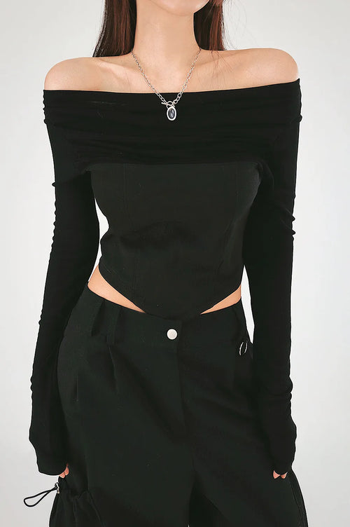 Corset cut shirring two-way off-shoulder crop top
