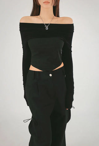 Corset cut shirring two-way off-shoulder crop top