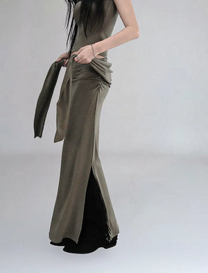 SILENT SHIRRING TENSION SLIT LONG SKIRT