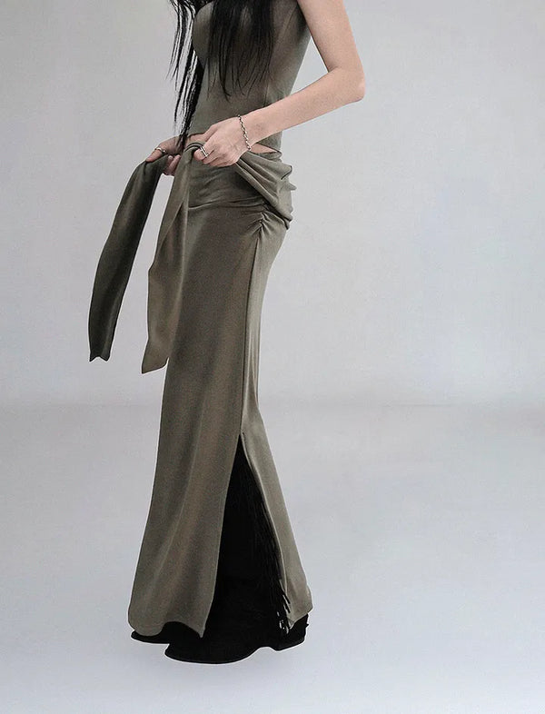 SILENT SHIRRING TENSION SLIT LONG SKIRT