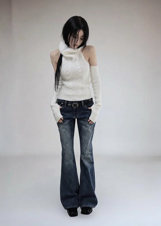 Square Rivet Low-Rise Slub Dark Denim Bootcut Denim Pants