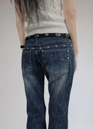 Square Rivet Low-Rise Slub Dark Denim Bootcut Denim Pants