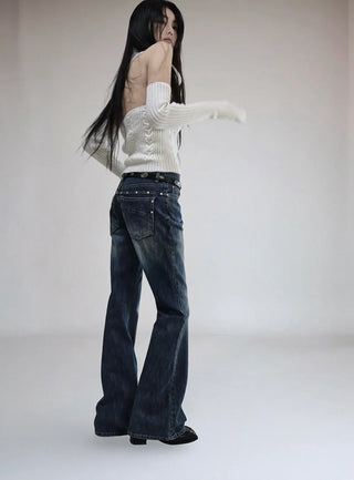 Square Rivet Low-Rise Slub Dark Denim Bootcut Denim Pants