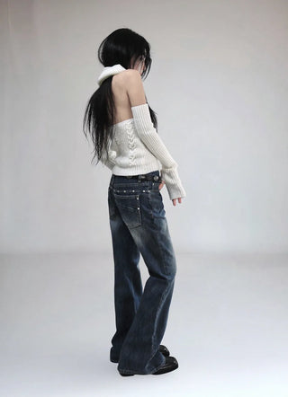 Square Rivet Low-Rise Slub Dark Denim Bootcut Denim Pants