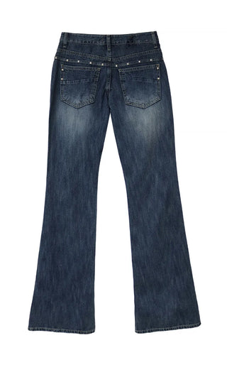 Square Rivet Low-Rise Slub Dark Denim Bootcut Denim Pants