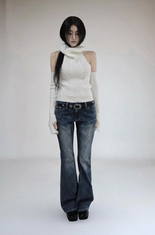 Square Rivet Low-Rise Slub Dark Denim Bootcut Denim Pants