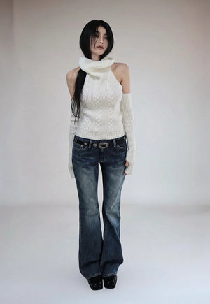 Square Rivet Low-Rise Slub Dark Denim Bootcut Denim Pants