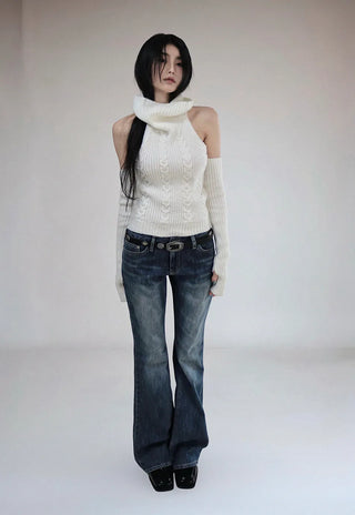 Square Rivet Low-Rise Slub Dark Denim Bootcut Denim Pants