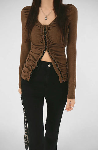 Meat Shirring V-Neck Hook Cardigan
