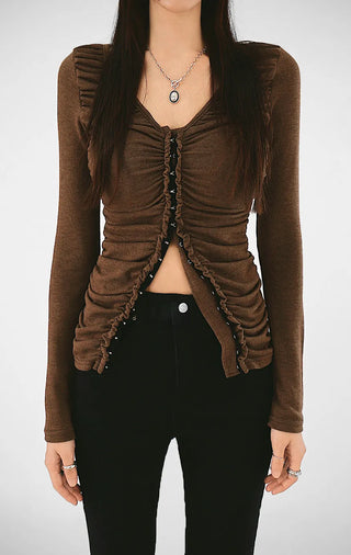 Meat Shirring V-Neck Hook Cardigan
