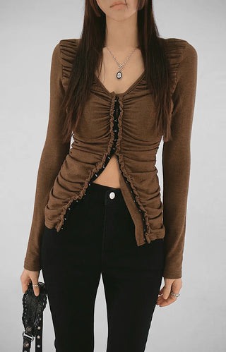 Meat Shirring V-Neck Hook Cardigan