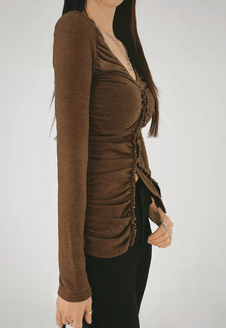 Meat Shirring V-Neck Hook Cardigan