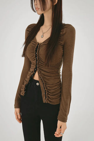 Meat Shirring V-Neck Hook Cardigan