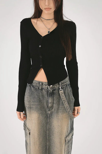 Elin Side Slit V-Neck Uneven Golf Cardigan