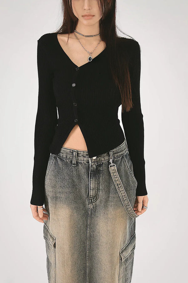 Elin Side Slit V-Neck Uneven Golf Cardigan