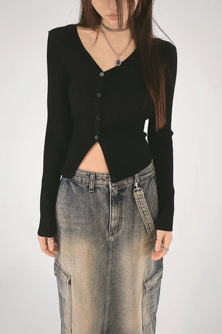 Elin Side Slit V-Neck Uneven Golf Cardigan