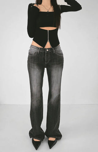 Engine Low Point Black Washed Stitch Slim Bootcut Denim Jeans