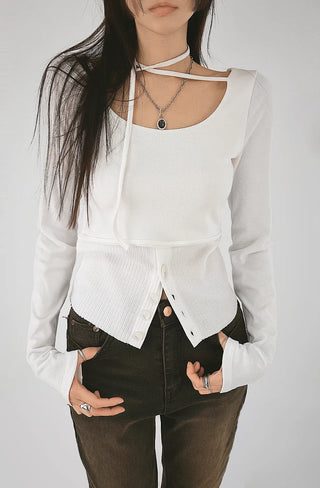 Multi-strap button slit round long-sleeved blouse top