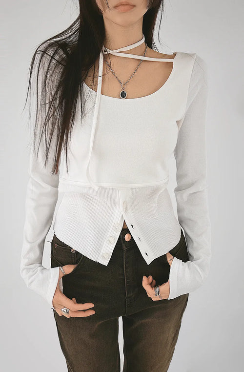 Multi-strap button slit round long-sleeved blouse top