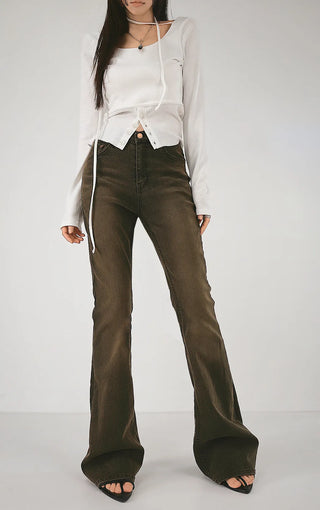 Multi-strap button slit round long-sleeved blouse top