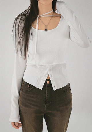 Multi-strap button slit round long-sleeved blouse top