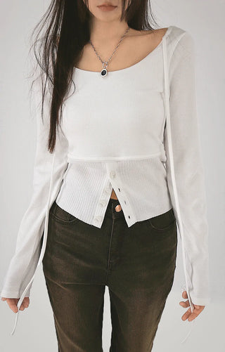 Multi-strap button slit round long-sleeved blouse top
