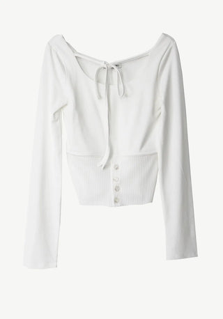 Multi-strap button slit round long-sleeved blouse top