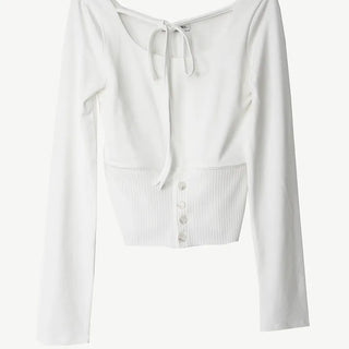 Multi-strap button slit round long-sleeved blouse top