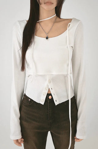 Multi-strap button slit round long-sleeved blouse top