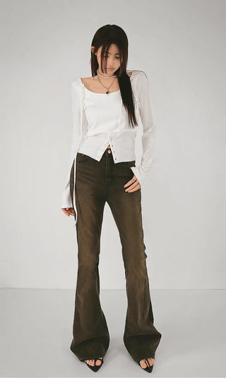 Multi-strap button slit round long-sleeved blouse top