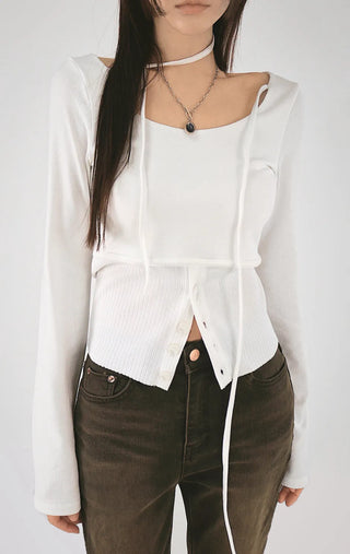 Multi-strap button slit round long-sleeved blouse top