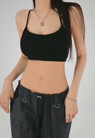 Tension cut deep U-neck long-sleeved T-shirt, halter neck cap sleeve top layered set