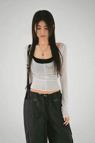 Tension cut deep U-neck long-sleeved T-shirt, halter neck cap sleeve top layered set