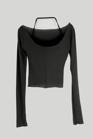 Tension cut deep U-neck long-sleeved T-shirt, halter neck cap sleeve top layered set