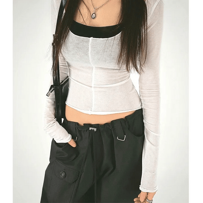 Tension cut deep U-neck long-sleeved T-shirt, halter neck cap sleeve top layered set