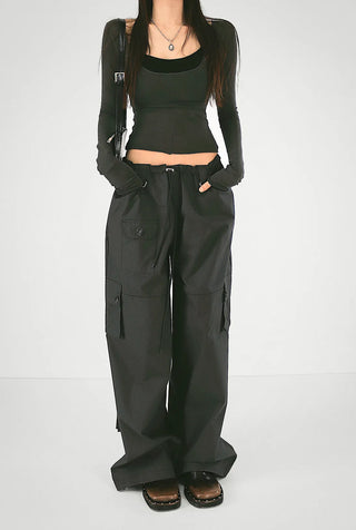 Tension cut deep U-neck long-sleeved T-shirt, halter neck cap sleeve top layered set