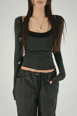 Tension cut deep U-neck long-sleeved T-shirt, halter neck cap sleeve top layered set