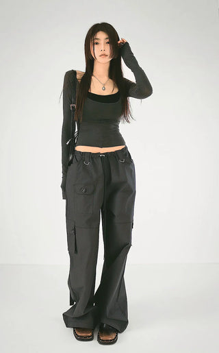 Tension cut deep U-neck long-sleeved T-shirt, halter neck cap sleeve top layered set