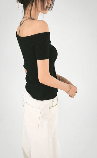 The Unbal One-Off Shoulder Slit Golji Short Sleeve Cardigan