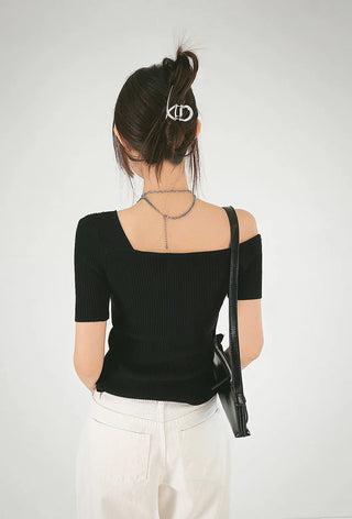 The Unbal One-Off Shoulder Slit Golji Short Sleeve Cardigan