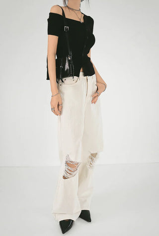 The Unbal One-Off Shoulder Slit Golji Short Sleeve Cardigan